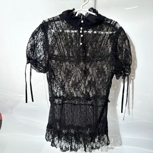 Beau Bois Black High Neck Lace Blouse with Pearl Buttons Size  S